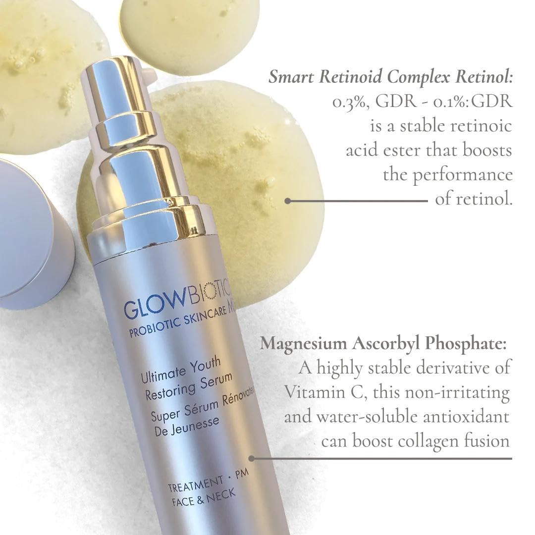 Glowbiotics Ultimate Youth 5-in-1 Restoring Serum – Anti-Aging Face Treatment with Retinol, Vitamin C, Peptides & Probiotics – Firms, Brightens & Reduces Wrinkles without Irritation (1 fl oz)