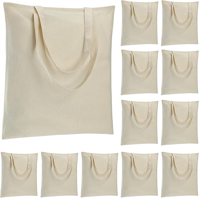 Carbrea 12 Pack Large Canvas Tote Bag - Lightweight Thin Tote Bags Bulk Blank Shopping Reusable Grocery Bags for DIY Gift Sublimation Activity - Beige