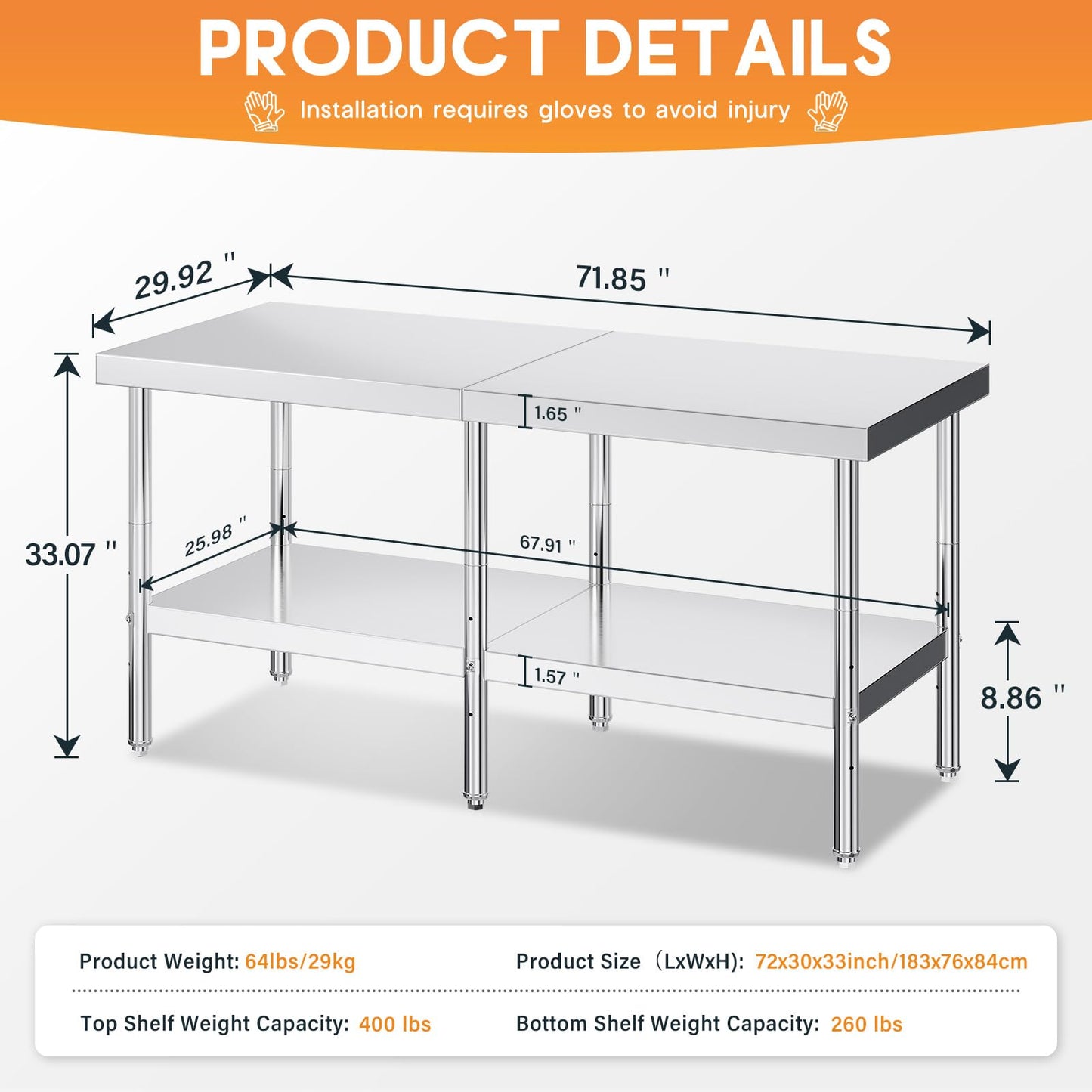Jocisland 30" x 72" Stainless Steel Table for Prep & Work, NSF Certified Adjustable Under Shelf and Feet, for Commercial Kitchen, Restaurant, Hotel and Garage