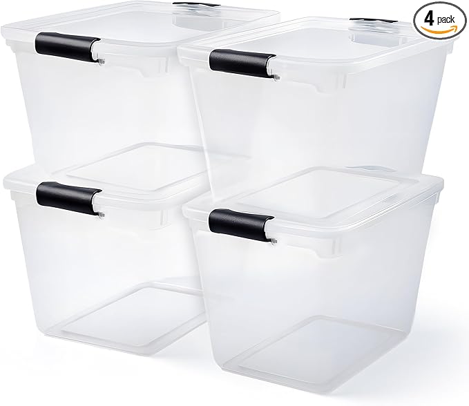 HOMZ 4-Pack 31 Quart Latching Lid, Clear Plastic Storage Organizer Bins, Gray â Stackable Containers for Home & Office Shelves, Kitchen, Garage, and Bathroom Organization