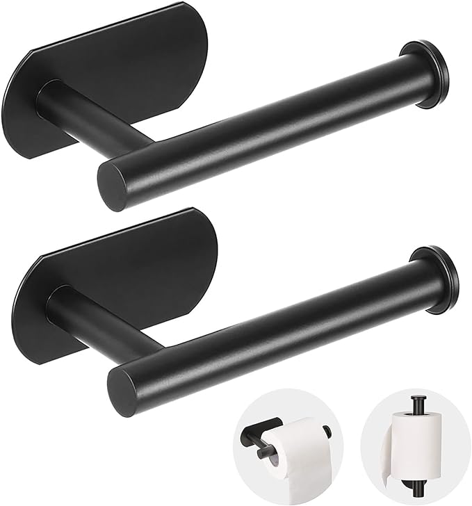 JOPOFI Toilet Paper Holder - Self Adhesive Toilet Paper Holder Wall Mount for Bathroom, Command Strip Stainless Steel Toilet Paper Roll Holder Stick On Wall, No Drilling - Matte Blackï¼2 Pcsï¼