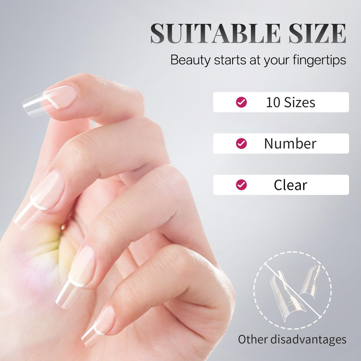 krofaue Nail Tips Lady French Style Acrylic Artificial Half Cover False Nail Tips with Box Ideal for Salons and Home DIY Manicure,10 Sizes,1000PCS (Natural and Clear)