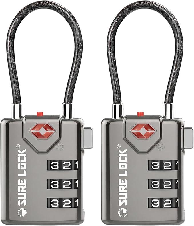 SURE LOCK TSA Approved Combination Luggage Locks with Open Alert Indicator â Durable Zinc Alloy Cable Travel Locks with Large Easy-Read Dials for Suitcases, Backpacks & Gym Bags(Grey 2 Pack)