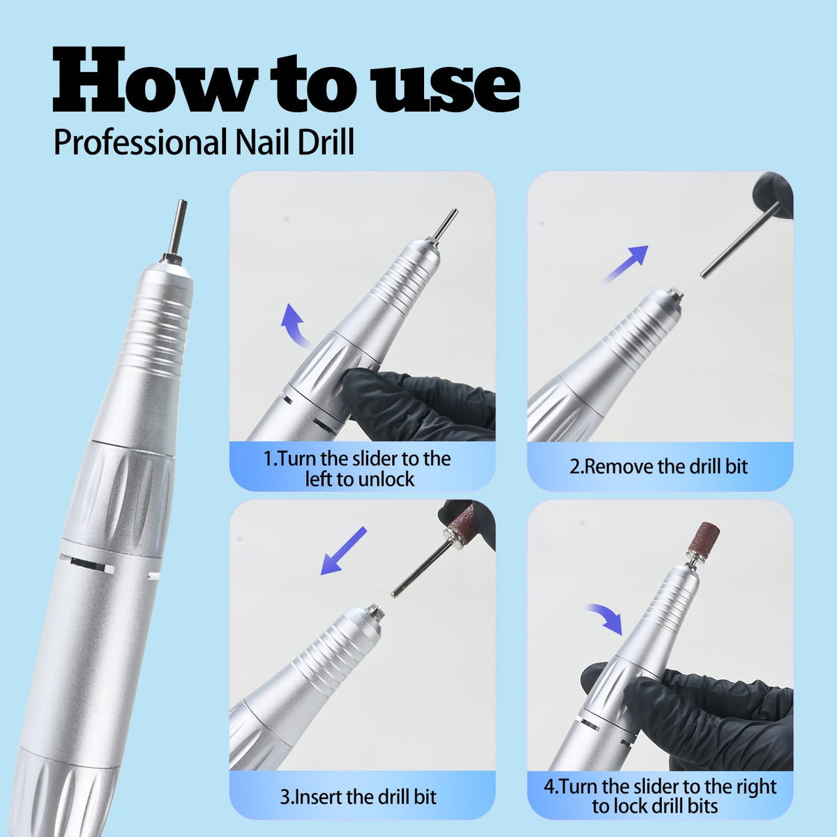 Professional Nail Drill File 45000RPM Electric Portable Nails Drills Kit with Rechargeable 7 uñas Bits Cordless Efile for Poly Gel Acrylic Nails Remover Home Salon Pedicure Manicure Tool (White)