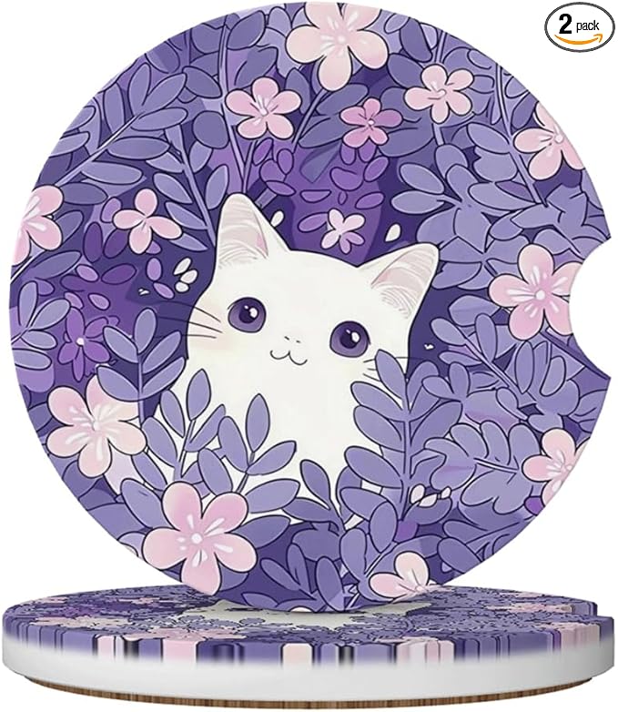 Car Cup Holder Coasters, 2 Pcs Ceramic Coasters with Cork Back and Finger Slot, Anti-Slip Shock Absorbing Women and Men Universal Car Accessories - White Little Cat
