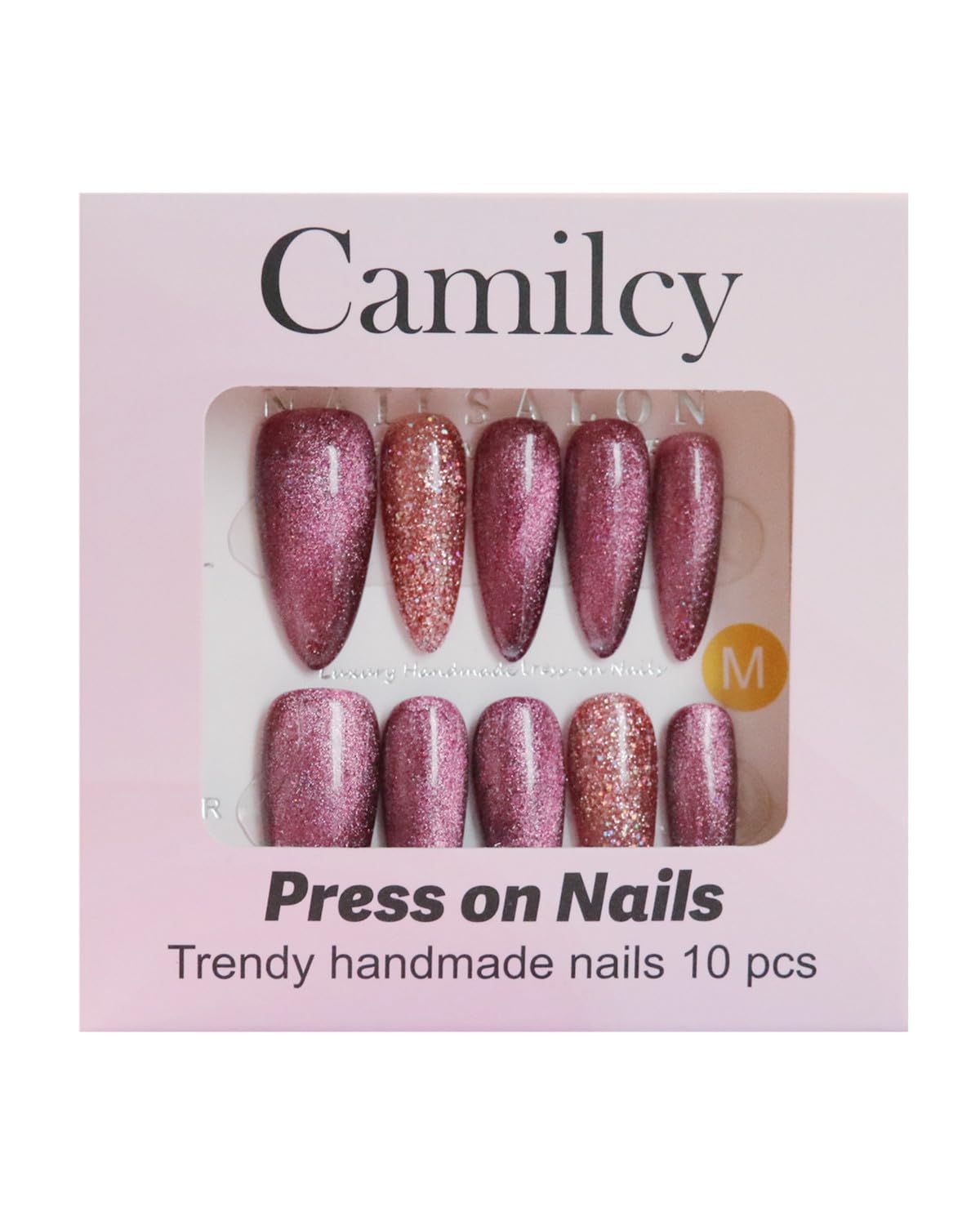 CAMILCY Press on Nails Handmade Nails Luxury Reusable Fake Nails For Girls long Almond Armor Cat's Eye Rose Red Diamonds HandPainted Salon Loveful Design Acrylic GelUV Finished 3DNails 10PCS (A027, M)
