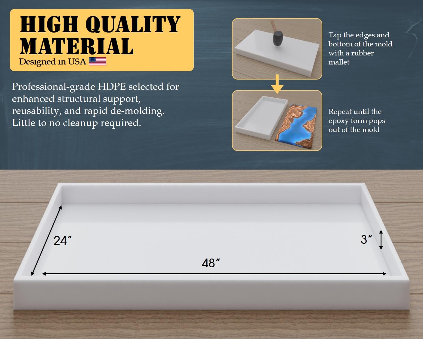 Boss Premium® Large No Seal HDPE Epoxy Table Mold, 48 x 24 Inch, Reusable Resin Table Molds River Table Mold Casting - Designed in USA