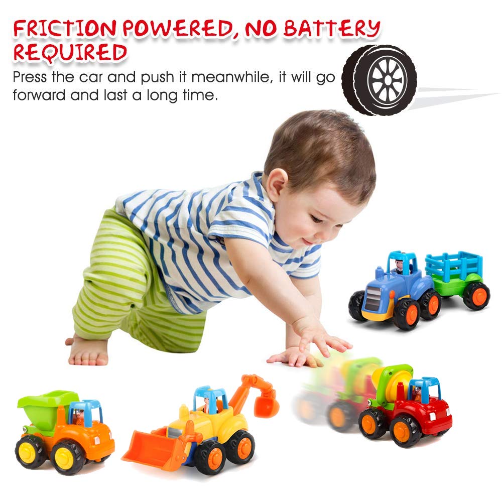 Yiosion Friction Powered Cars Push and Go Trucks Construction Vehicles Toys Set of Tractor Bulldozer Dump Truck Cement Mixer for Baby Toddlers Infants Boys Gifts