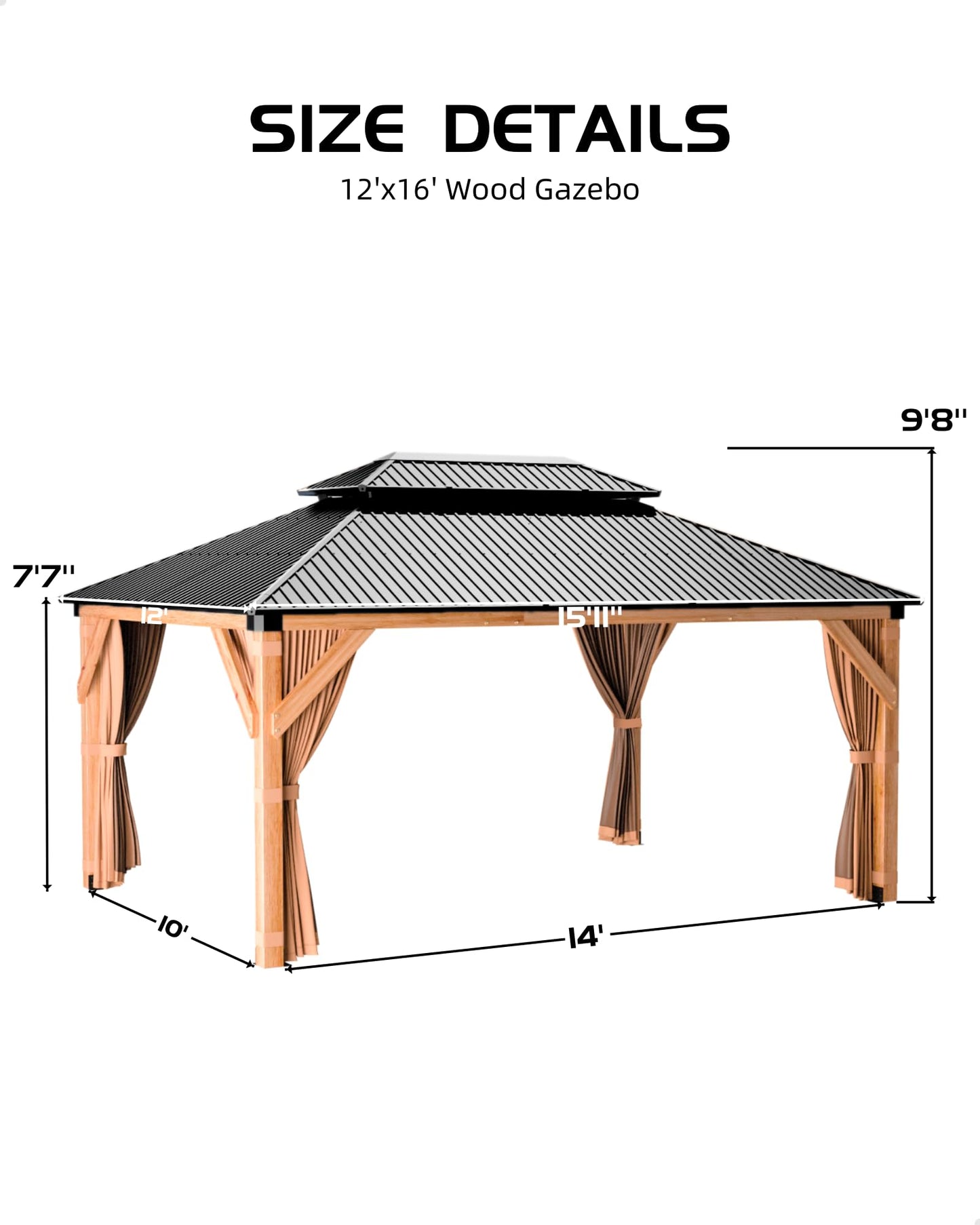 GarveeLife Hard top Wood Gazebo 12 ft x16 ft for All Weather, with Double Metal Roof, Heavy Duty Wooden Frame, Net, and Curtain, Permanent Building for Patio, Deck, Backyard, Lawn, and Garden, Khaki