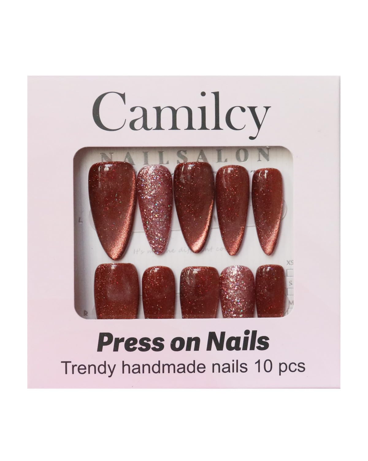 CAMILCY Press on Nails Handmade Nails Luxury Reusable Fake Nails For Girls long Almond Armor Cat's Eye Brown Diamonds HandPainted Salon Loveful Design Acrylic GelUV Finished 3D Nails 10PCS (A031, M)