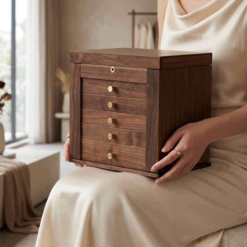YANSHING 6-Layer Black Walnut Wooden Jewelry Box with Lock and Key, Large Luxury Jewelry Organizer Box for Women, Ideal Christmas Gift for Wife, Mom or Her, Earring & Necklace Storage with Ring Trays
