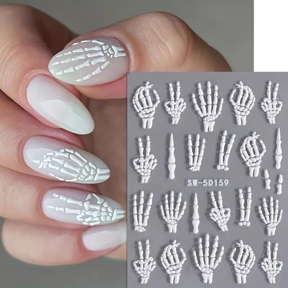 Halloween Nail Art Stickers Decals 3PCS Skeleton Nail Decals 5D Embossed Skull Nail Stickers White Hand Bones Finger Skeleton Halloween Nail Art Supplies Self-Adhesive Manicure Decorations