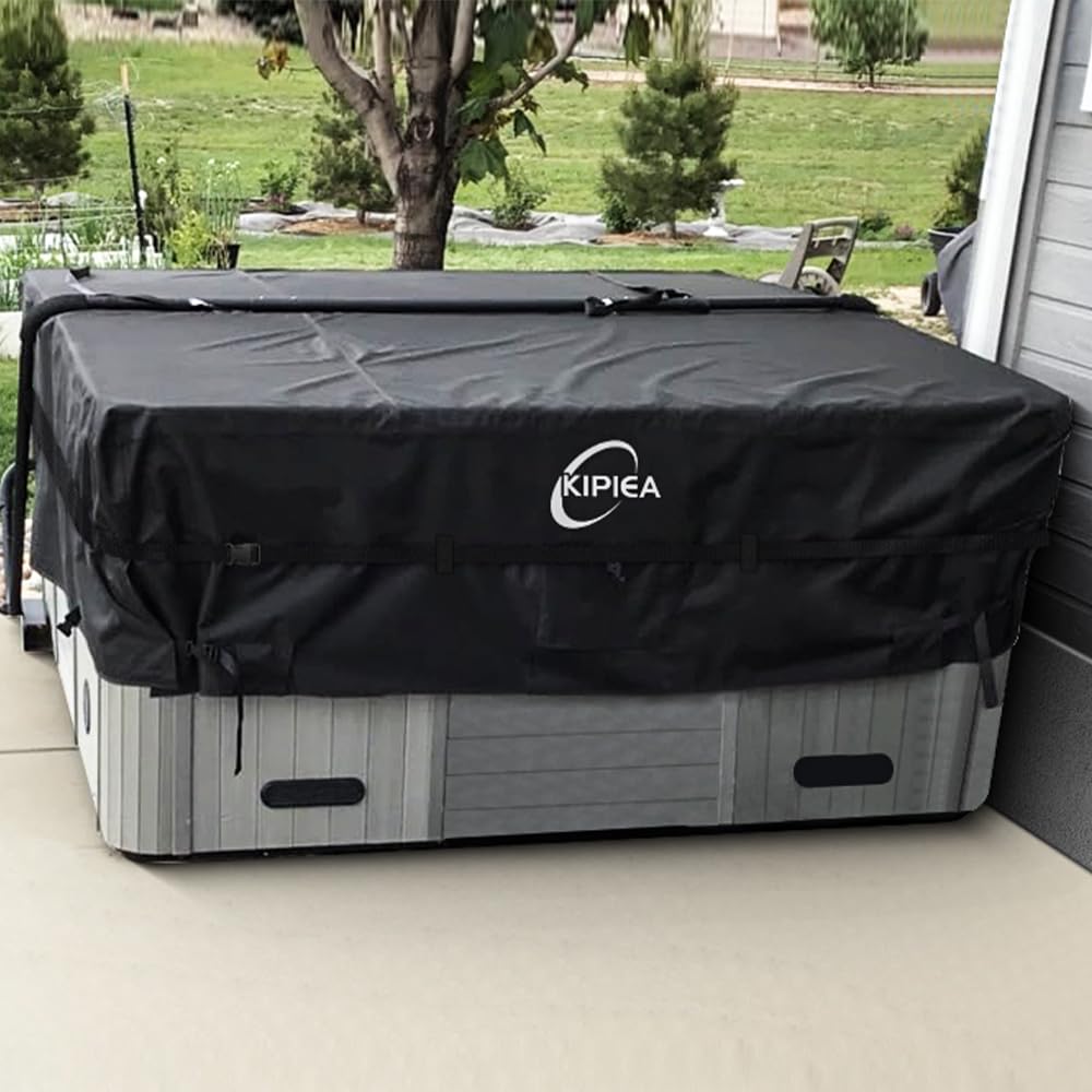 Kipiea 600D Outdoor Waterproof Square Hot Tub Cover Protector, Heavy Duty Polyester SPA Cover UV Protection Cover 90" L x 90" W x 20" H, Black