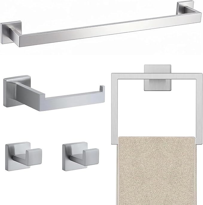 JOPOFI 5 Piece Bathroom Towel Bar Set - SUS304 Stainless Steel Bath Towel Holder, 23.6 Inch Towel Racks for Bathroom Wall Mounted, Bathroom Hardware Accessories Set - Brushed Nickel