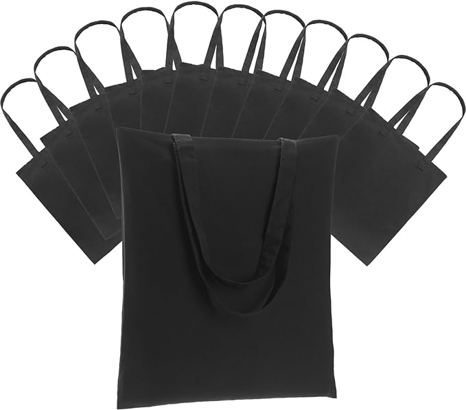 Carbrea 12 Pack Canvas Tote Bag - Lightweight Tote Bags Bulk Thin Blank Shopping Reusable Grocery Bags for DIY Gift Sublimation Activity - Black