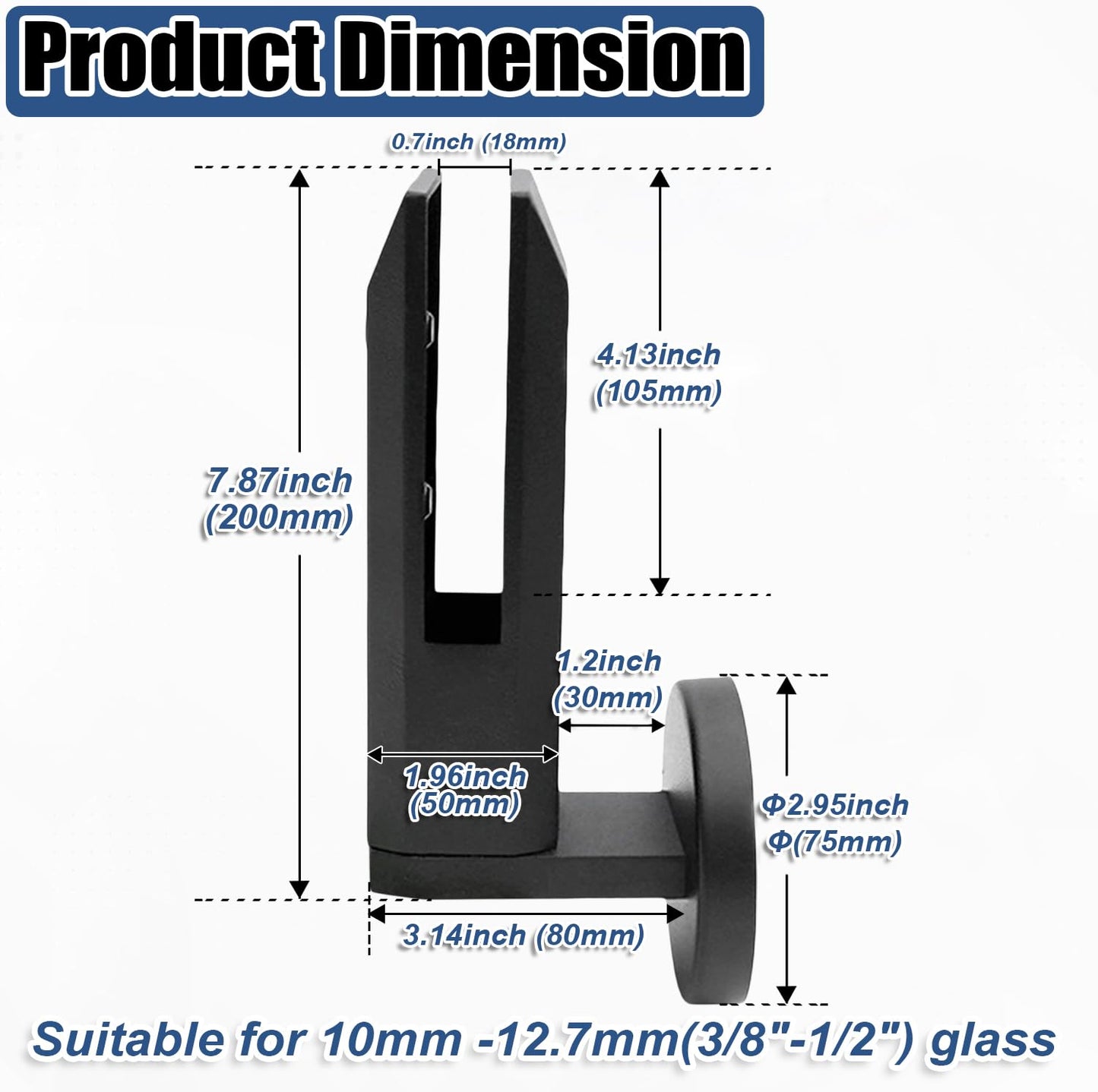 Heavy-Duty 304 Stainless Steel Side-Mount Glass Spigot Brackets - Compatible with 10-12.7mm (3/8"–1/2") Panels for Pool Fences, Balconies & Stairs,Black,4 Pack