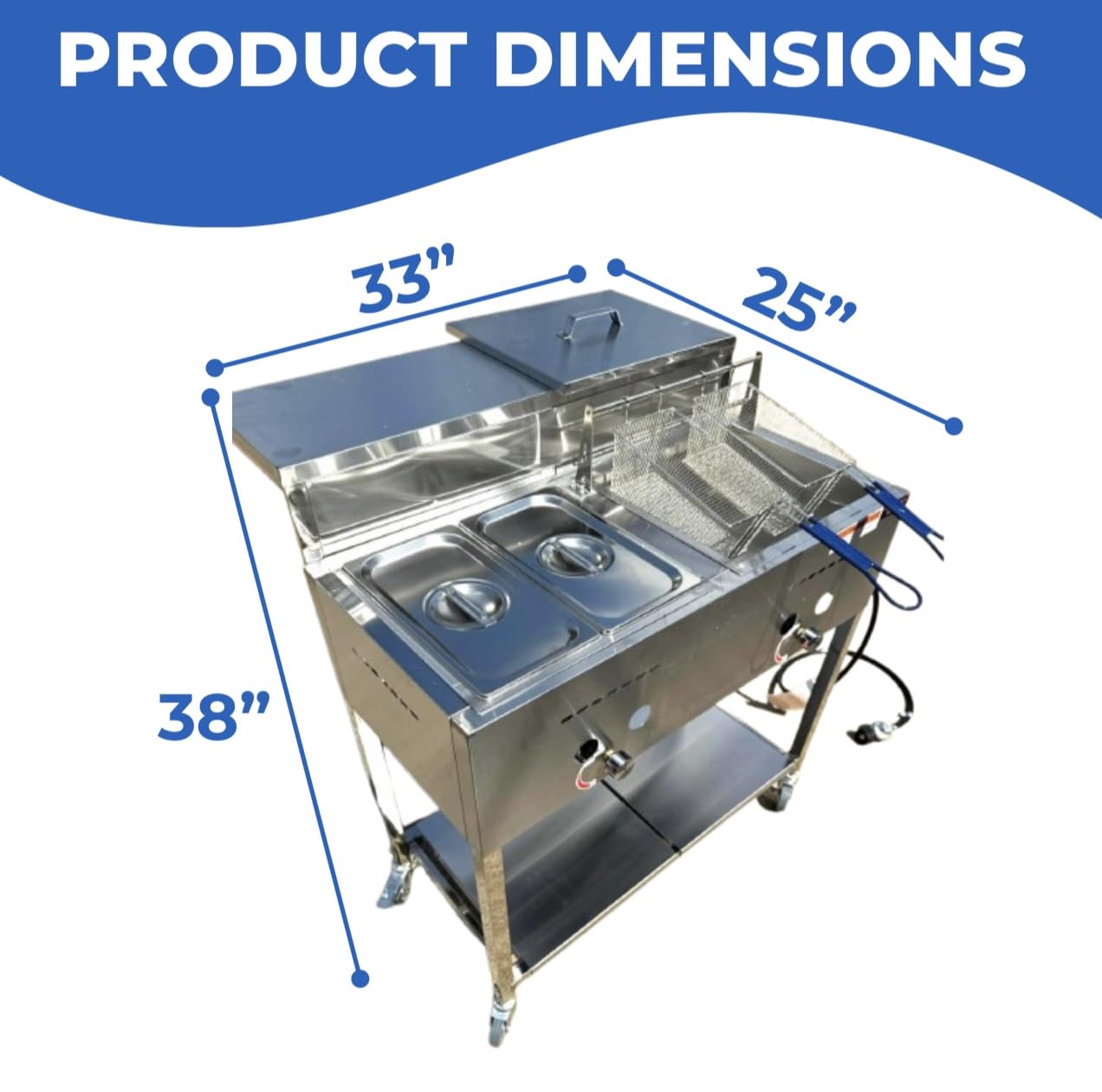 Deep Fryer Cart with 2 Baskets | 3 Gallon Single Tank | 2 Pan Steam Table | Portable 4 Wheel | Stainless Steel | Outdoor Propane Frying Cart for Chicken, Fish, & More | Commercial & Home
