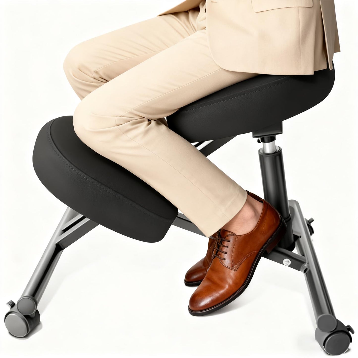 DENGTELI PU Leather Ergonomic Kneeling Chair, Adjustable Home and Office Stool with Thick Pads and Flexible Lockable Brake Wheels for Back Pain Relief (Black)