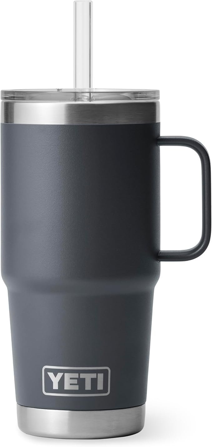 YETI Rambler 25 oz Tumbler with Handle and Straw Lid, Travel Mug Water Tumbler, Vacuum Insulated Cup with Handle, Stainless Steel, Charcoal