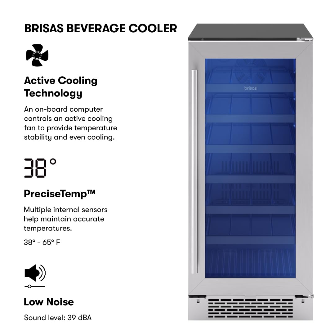 Zephyr Brisas 15 Inch Slim Beverage Fridge Single Zone Under Counter - Narrow Mini Wine & Drink Cooler Small Cabinet Wine Refrigerator Home Bar Freestanding with Glass Door - 4 Bottles, 64 Cans