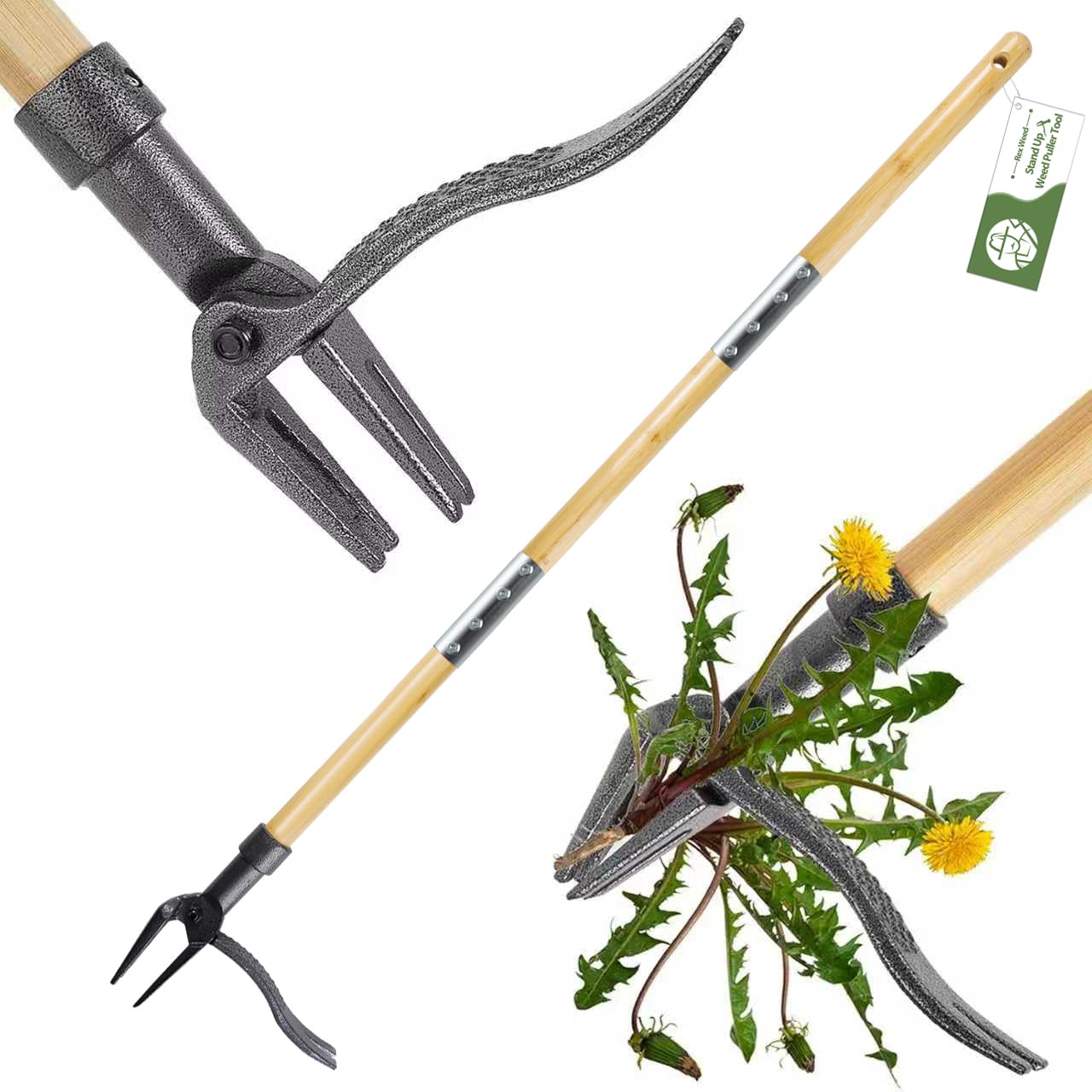 RexWeed Weed Puller Tool, Stand Up Heavy Duty Weed Remover Tool with Long Handle â 4-Claw Steel Head Weeder for Dandelions, Bamboo Garden Hand Weeding Tool, No Kneeling for Easy Root Removal