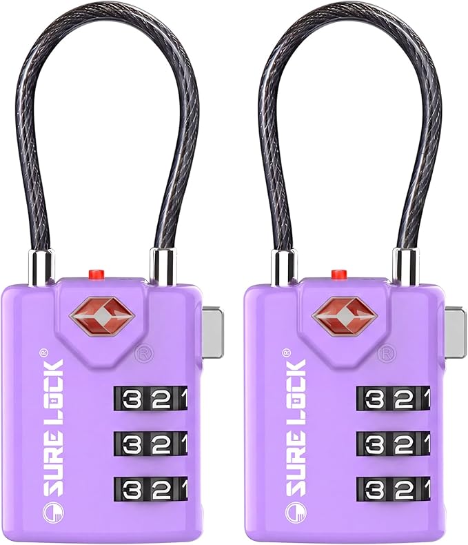SURE LOCK TSA Approved Combination Luggage Locks with Open Alert Indicator â Durable Zinc Alloy Cable Travel Locks with Large Easy-Read Dials for Suitcases, Backpacks & Gym Bags(2, Purple 2 Pack)