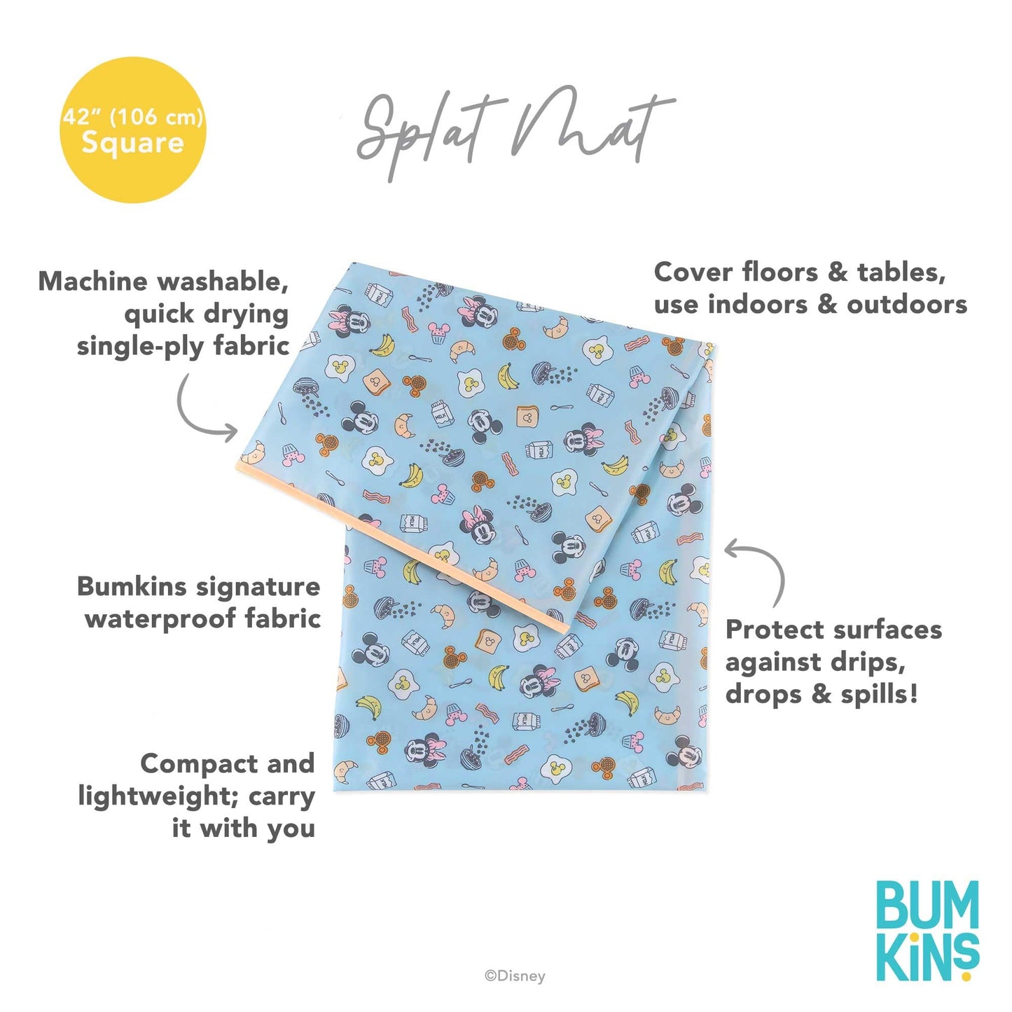 Bumkins Disney Baby Splat Mat for Under High Chair, Babies Toddlers Eating Mess Mat, Waterproof Reusable Cloth for Arts and Crafts, Play Mat for Kids, Floor or Table, Fabric 42inx42in, Mickey & Minnie