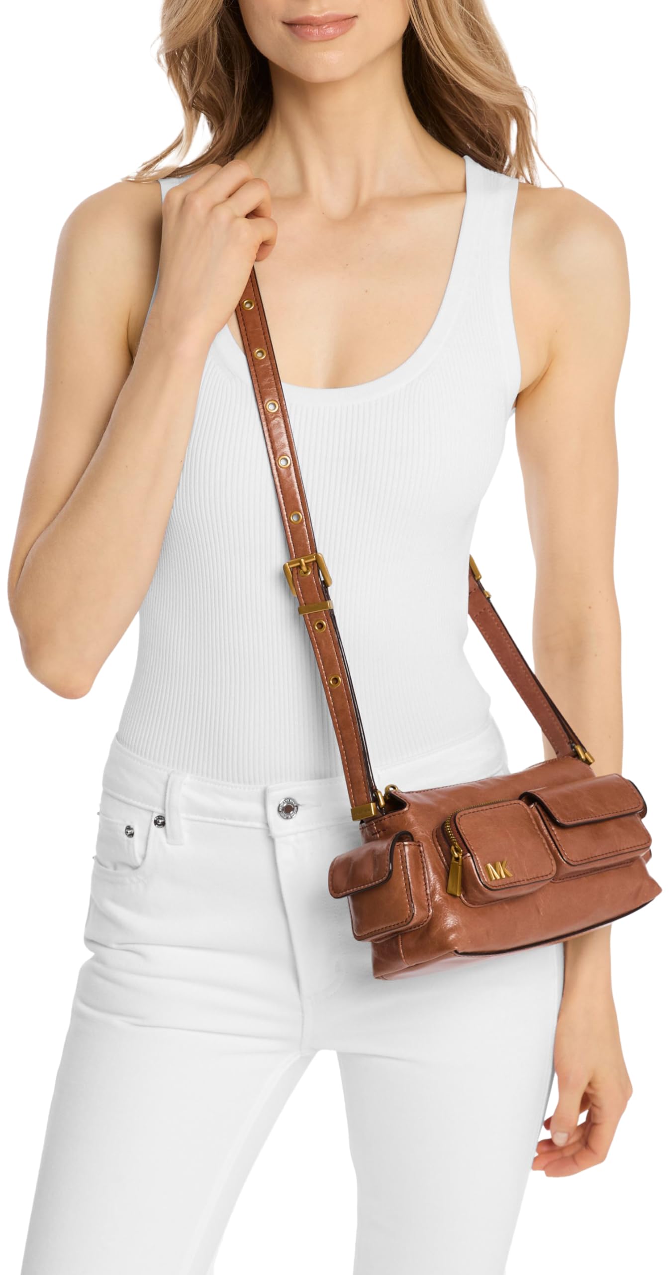 Michael Kors Women's Dakota Small Convertible Pocket Crossbody Bag, Antique Gold-Tone Hardware/Luggage