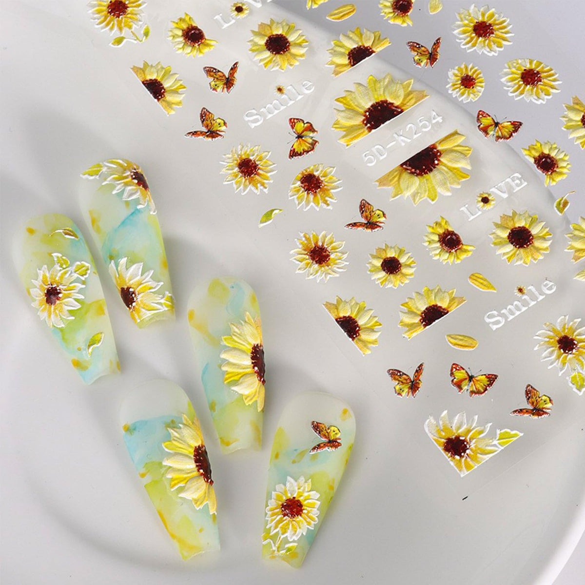 5D Embossed Sunflower Nail Art Stickers Self-Adhesive Flower Nail Decals Engraved Floral Summer Nail Sticker Acrylic Nail Art for Women Girls Manicure Decoration 4 Sheets