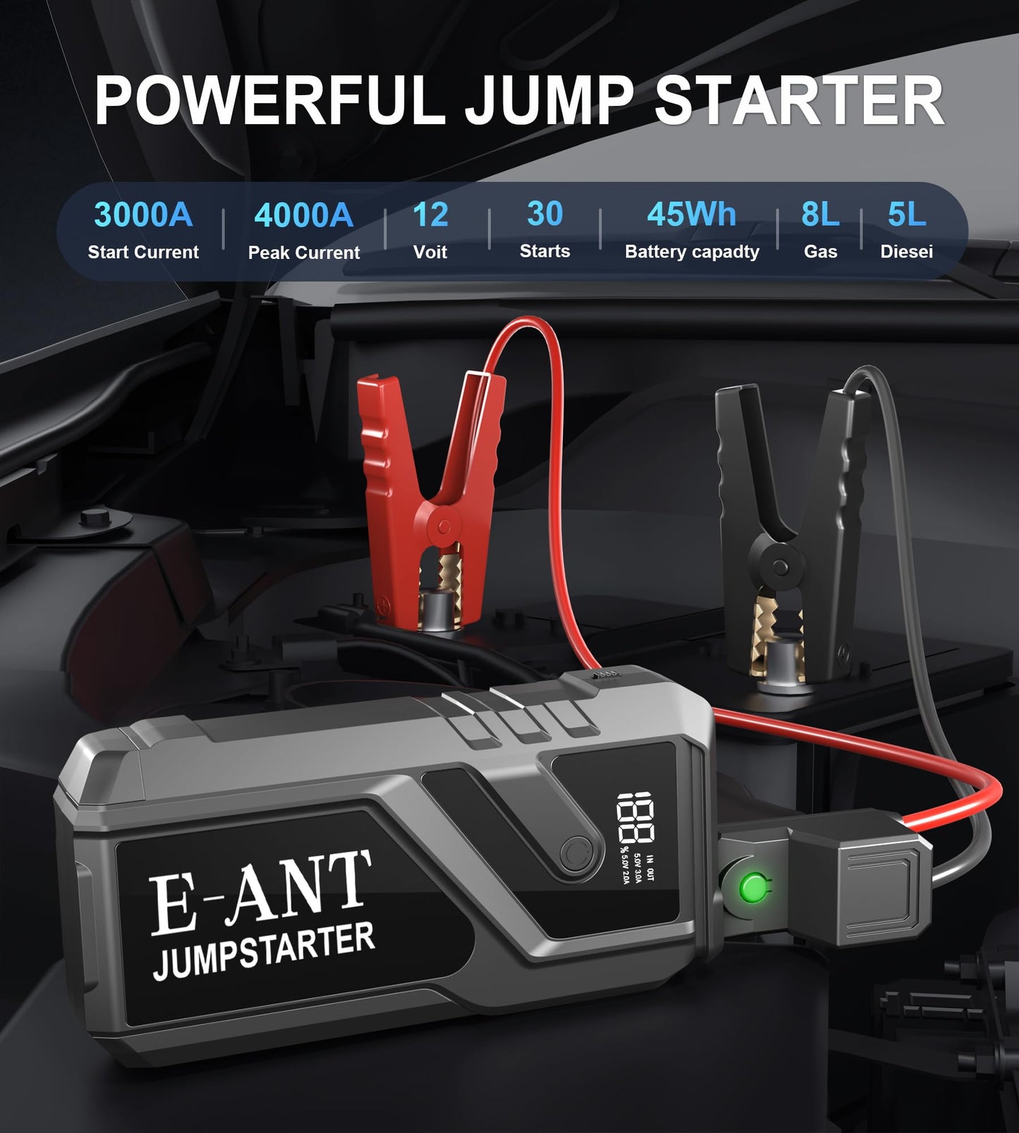 Car Battery Jump Starter, 4000A Car Jump Starter for 8.0L Gas or 5.0L Diesel Engine,12V Lithium Jump Box,LED Lights,Portable Power Bank USB QC3.0 Outputs Charger