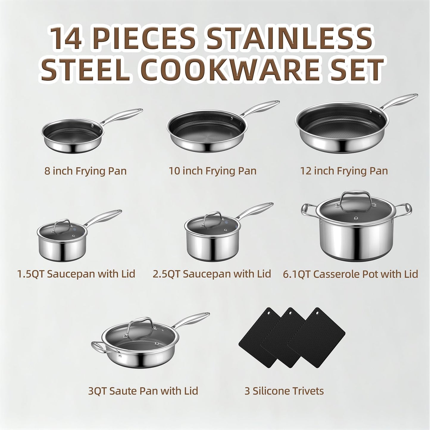 Yoehka 14-Piece Hybrid Stainless Steel Cookware Set, Non-Stick Pots and Pans Set with 3 Silicone Trivets | Induction Compatible Frying Pans, Saucepans, Saute Pan & Stock Pot | Oven Dishwasher Safe