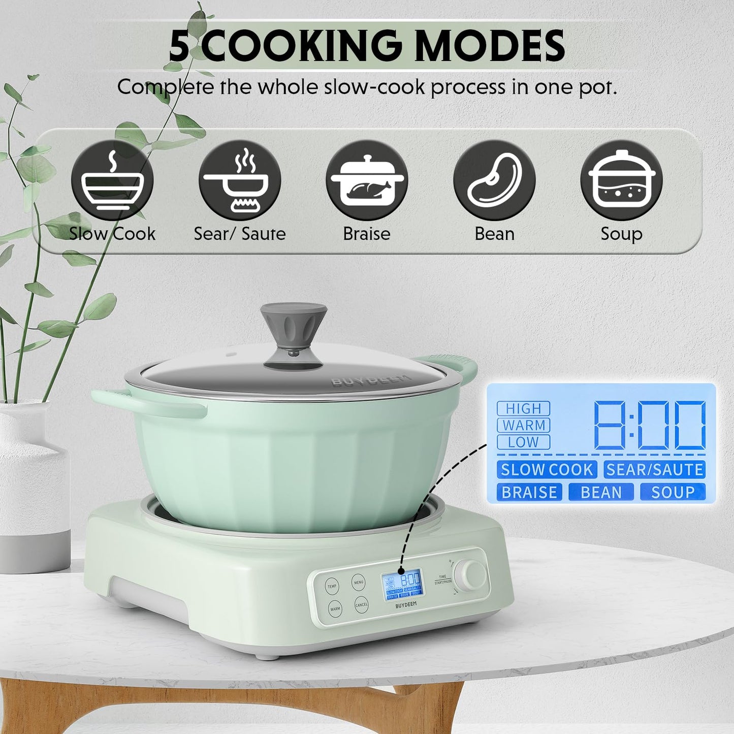 BUYDEEM 5-in-1 Slow Cooker 4.7QT with Removable Nonstick Stockpot, Compatible with Various Cookwares, Two Temperature Controls, Customized Time Settings, Auto Keep Warm for 2H, Cozy Greenish