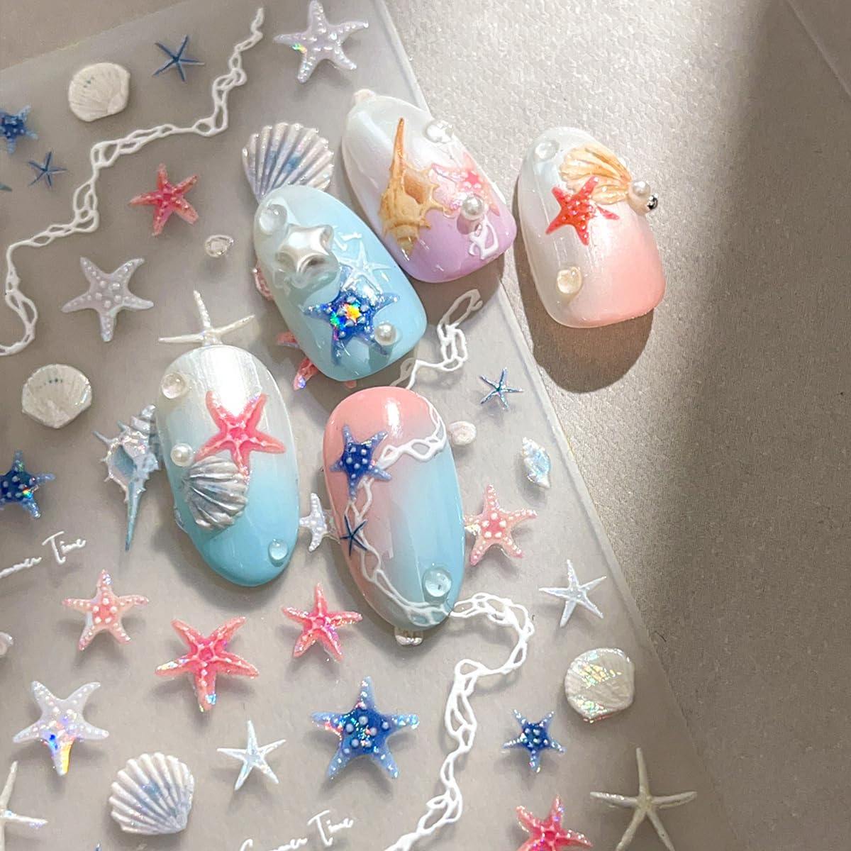Summer Nail Art Stickers Shiny Shells Starfish Nail Decals Mermaid Conch Beach Design 5D Embossed Self Adhesive Nails Supplies Summer Sea Theme Nail Art Decoration for Women Manicure Accessories,2Pcs