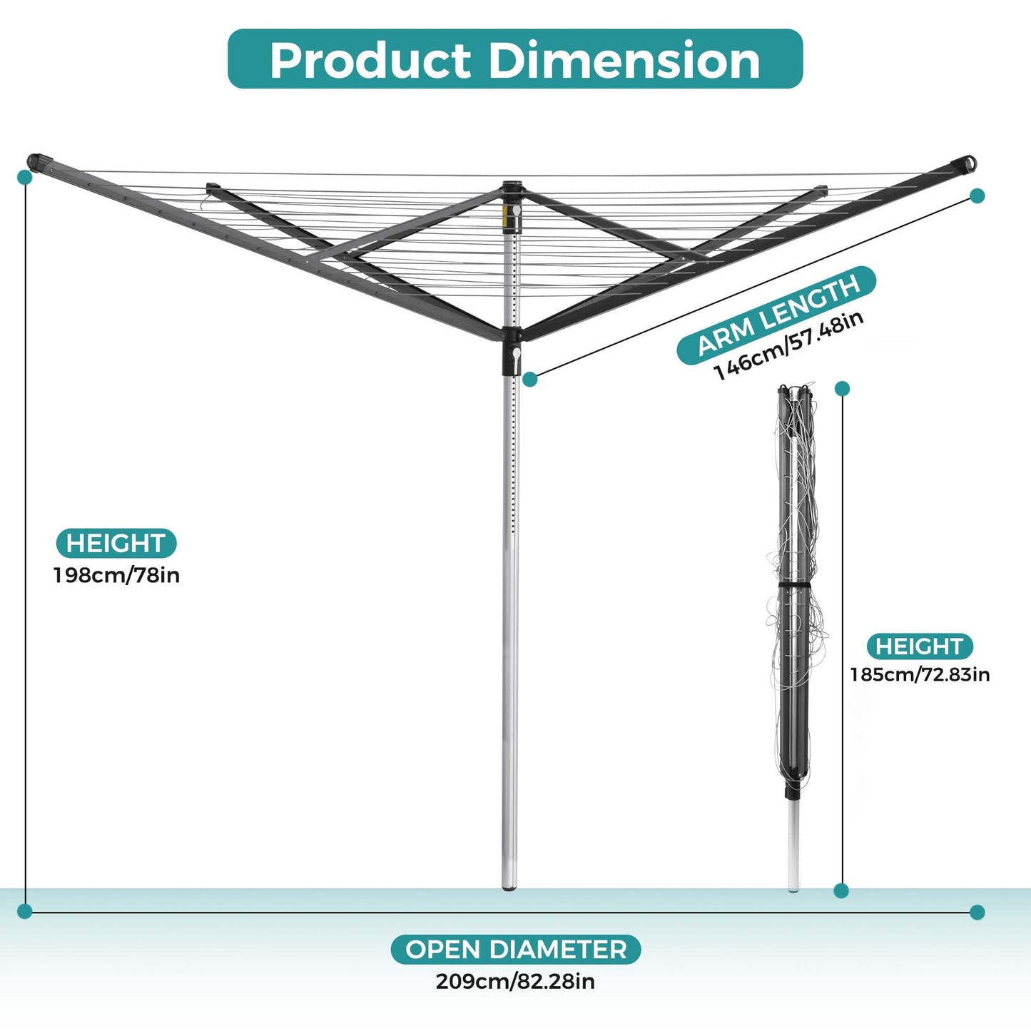 Suptinwear Outdoor Umbrella Clothes Drying Rack, 60m / 196ft Drying Space, 4-Arm Collapsible Steel Umbrella Clothesline with Adjustable Height for Laundry, Backyard & Patio