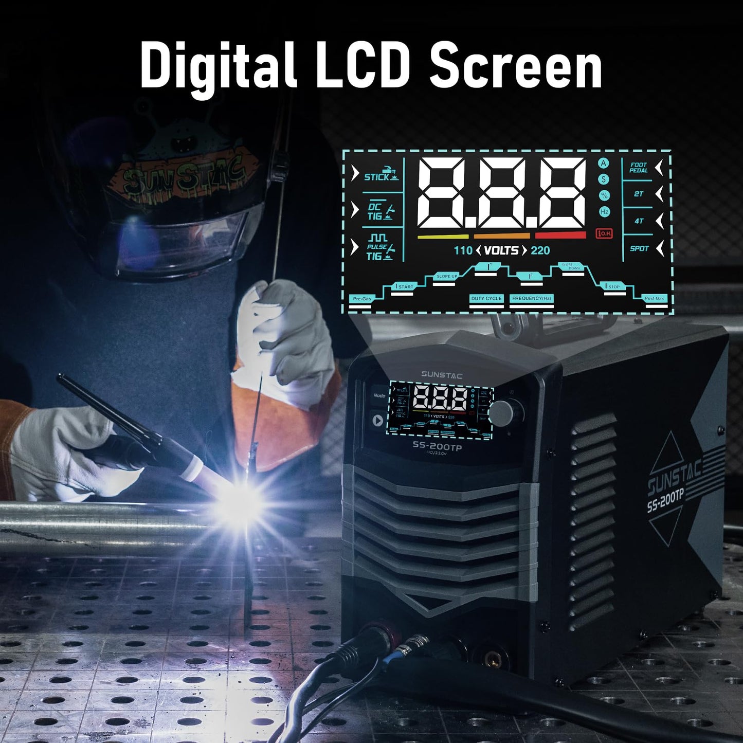 Sunstac 200A TIG Welder with Pulse, 110V/220V Dual Voltage, 3 in 1 DC TIG/Pulse TIG/SPOT TIG/Stick Welding Machine, Digital Screen Display, Over Loading Protection