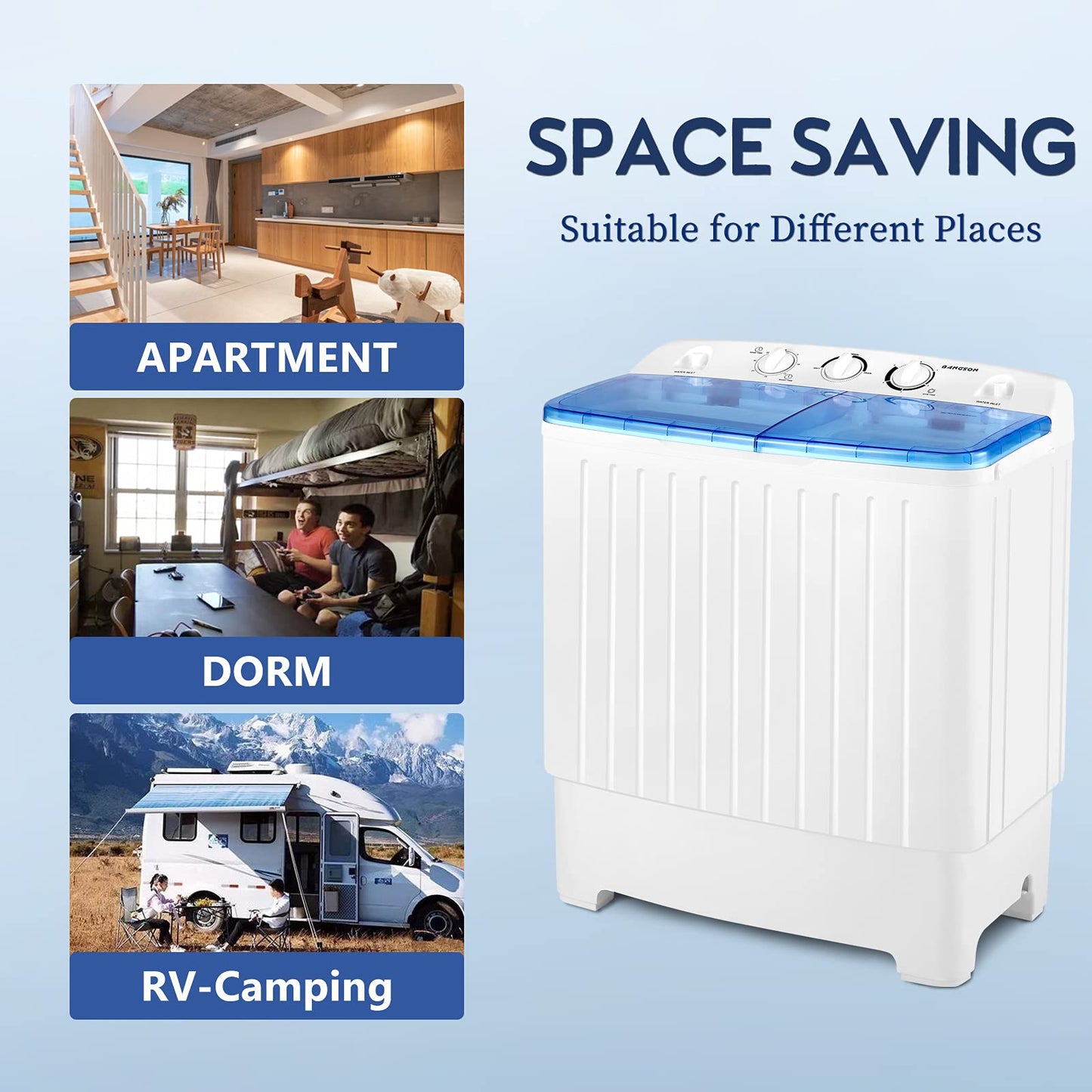 BANGSON Portable Washing Machine, Mini Twin Tub Washer and Dryer Combo with 17.6 lbs Large Capacity, Portable Washer for Apartment, Dorm, RV, Camping, Home, 25.6x14.2x28.8 inches, White & Blue