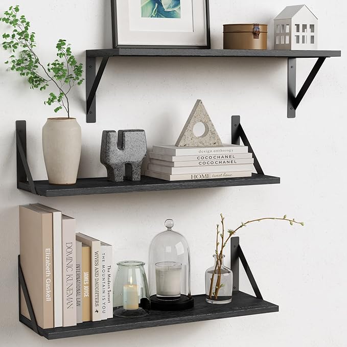 Forbena Large Floating Shelves for Wall 24 Inch Long Set of 3, 8 in Deep Wall Bookshelf for Bedroom Living Room, Wooden Heavy Duty Hanging Book Shelves for Office Kitchen Closet Storage (Black)