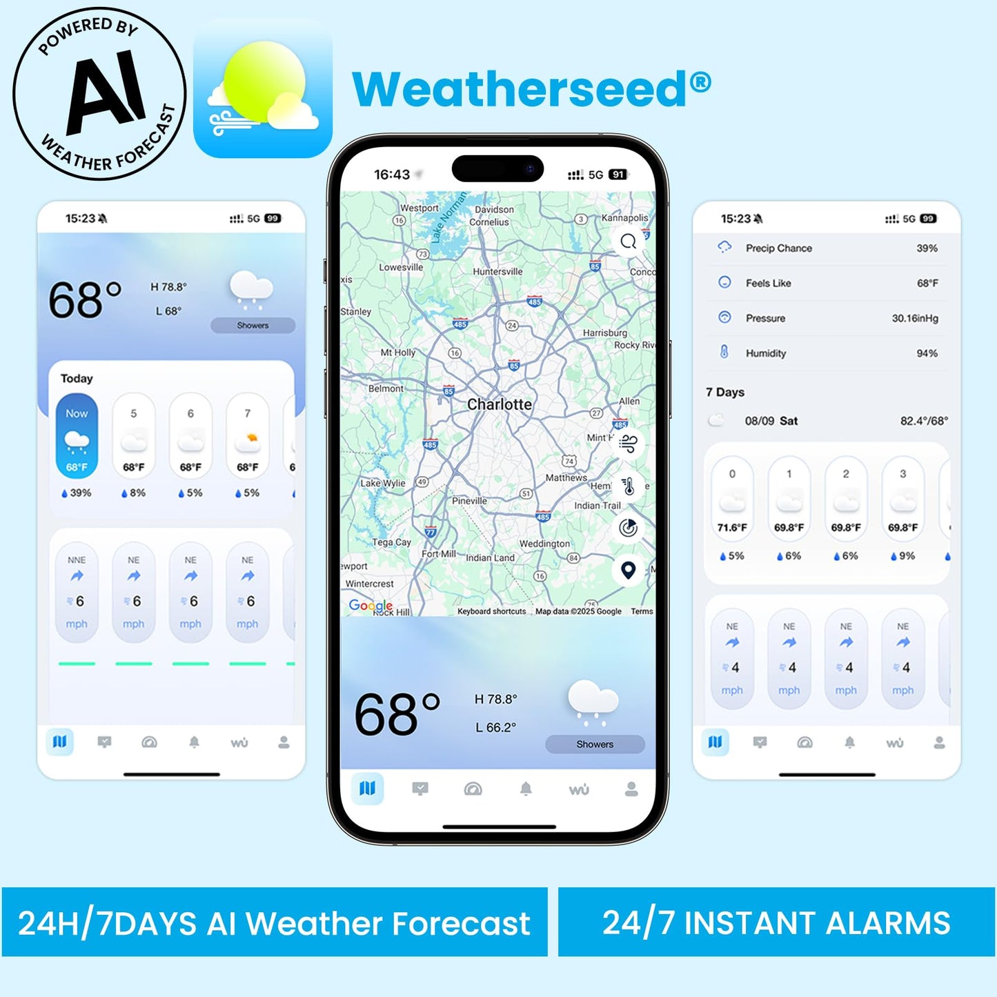 Sainlogic WiFi Smart Weather Stations Wireless Indoor Outdoor,24/7 AI Weather Forecast by Weatherseedยฎ,APP Alert,Weather Station with Rain Gauge and Wind Speed,2-Year Data Storage๏ผOnly 2.4G๏ผ