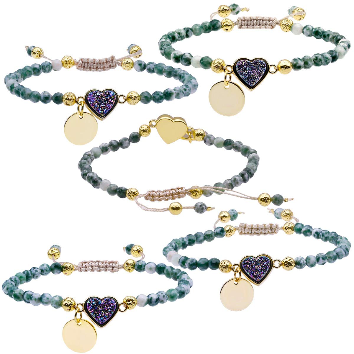 Nupuyai 4mm Faceted Stone Beads Bracelet for Women Men, Adjustable Healing Crystal Chakra Bracelet with Druzy Heart Charms, Green Dalmation Jasper