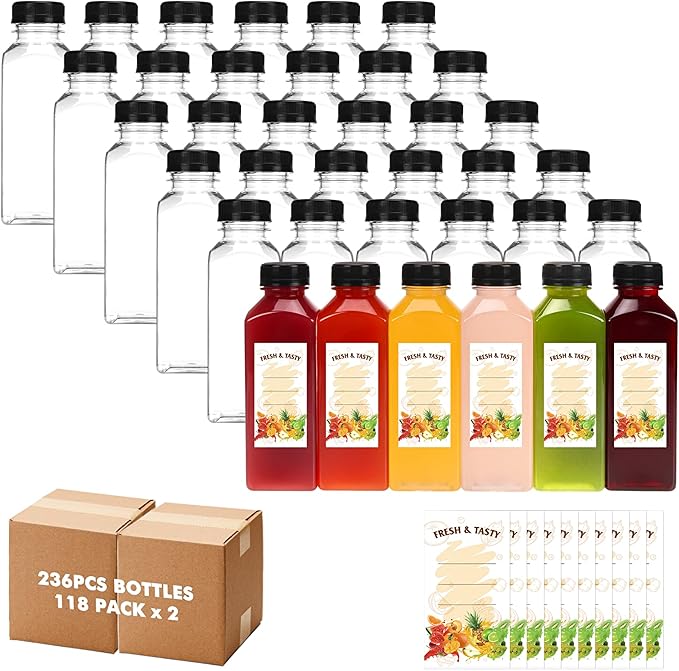 BAKHUK 236pcs 12oz Empty Plastic Juice Bottles with Caps, Plastic Water Bottles with lids, Reusable Clear Bulk Beverage Containers for Juice, Milk and Other Beverages
