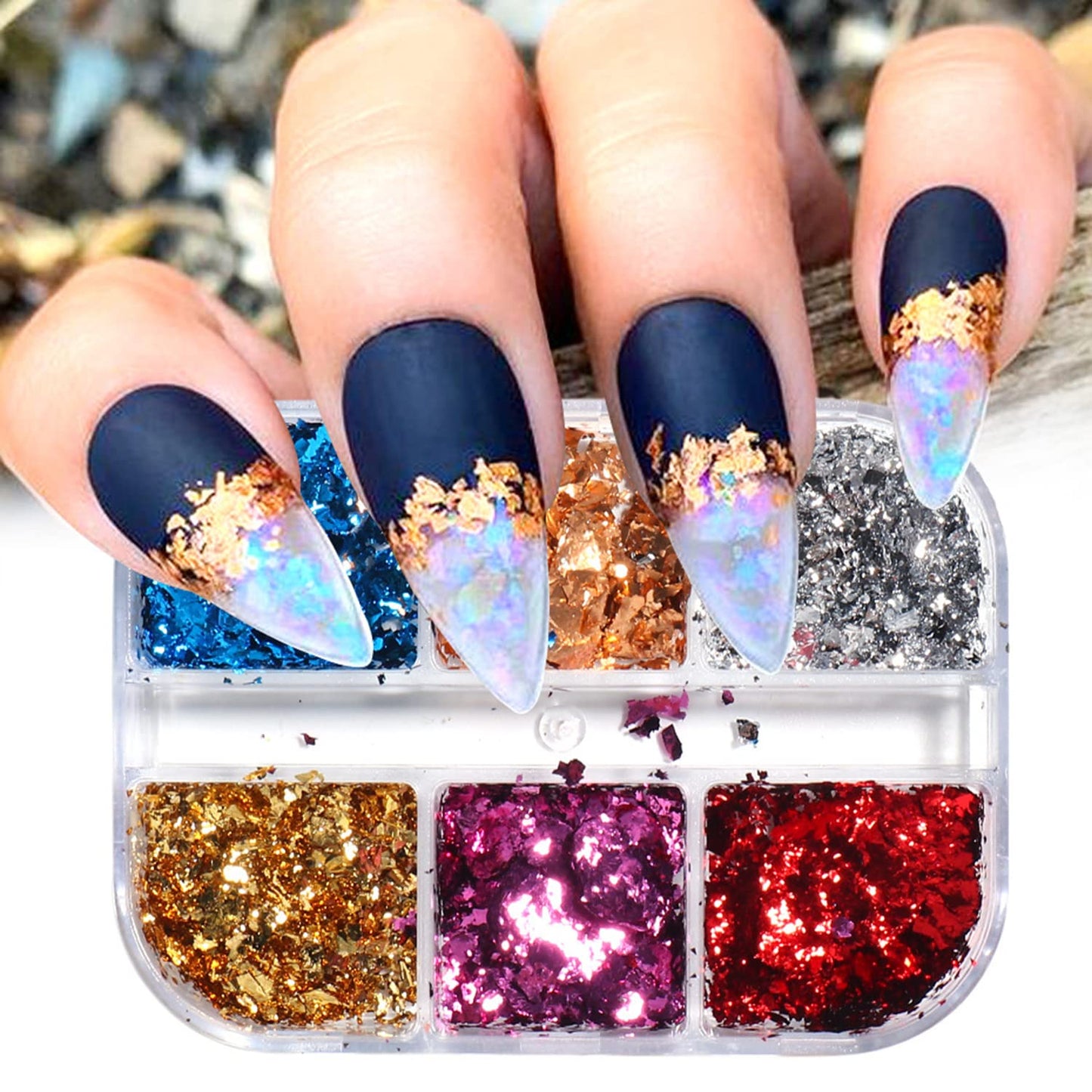 Nail Art Foil Glitter Flakes, Holographic Ultra-Thin Aluminum Foil Sequins Design, Metallic 3D Sparkly Nail Foils Acrylic Supplies for Women Girls Manicure Shiny Decorations, Gold Foil Nail Art Tips