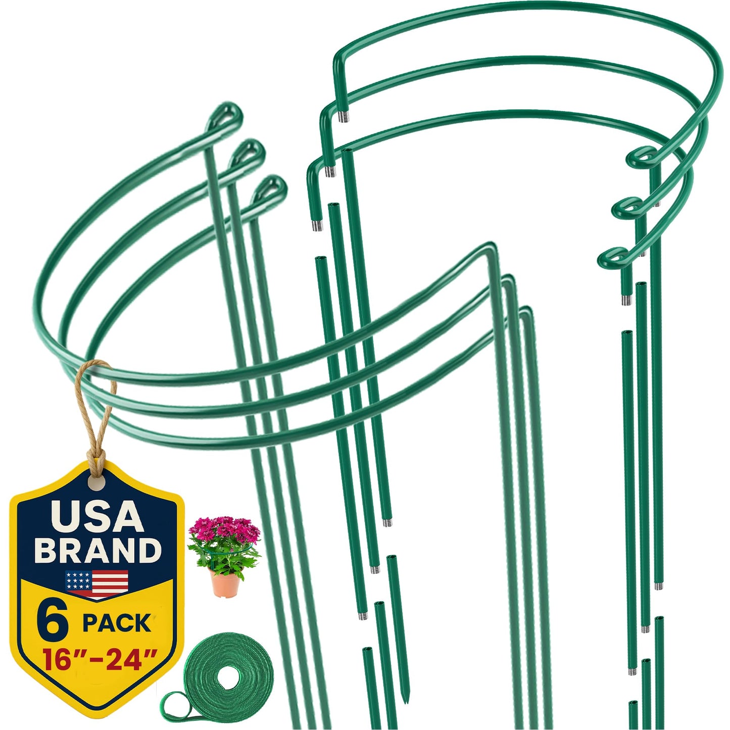 6 Pack Plant Support Stakes â Tall Plant Stakes for Indoor and Outdoor Gardens - Peony Cages and Supports - Cage Rings for Potted Flowers, Peony, Hydrangea, and Rose Bush (10" W x 16" - 24" H)