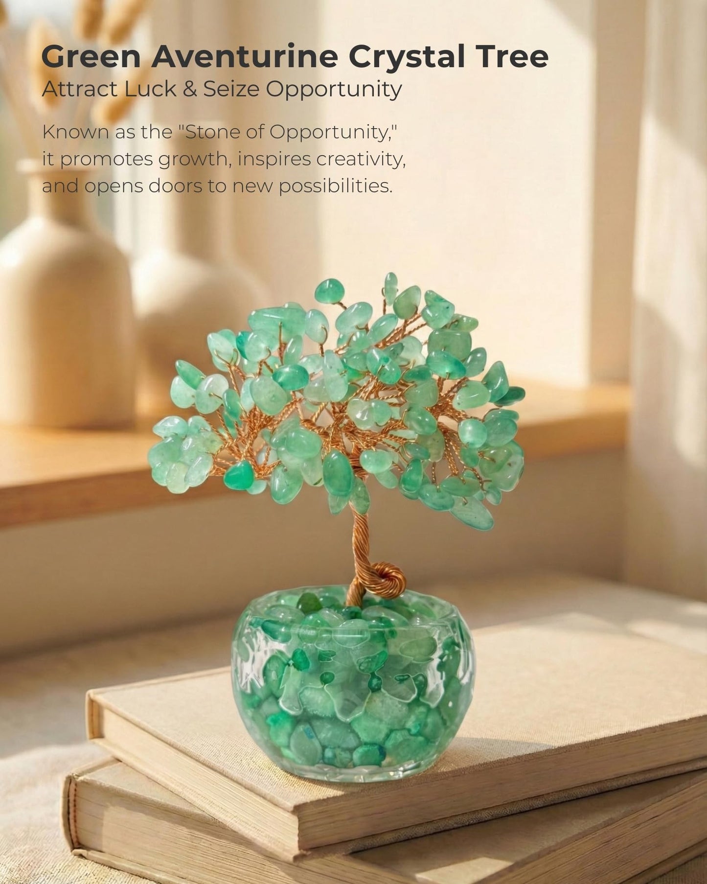 VELNORIX Green Aventurine Crystal Tree of Life - Natural Gemstone Feng Shui Bonsai - Healing Crystals Decor for Office, Attract Luck & Opportunity - Spiritual Gifts for Men & Women (Green)