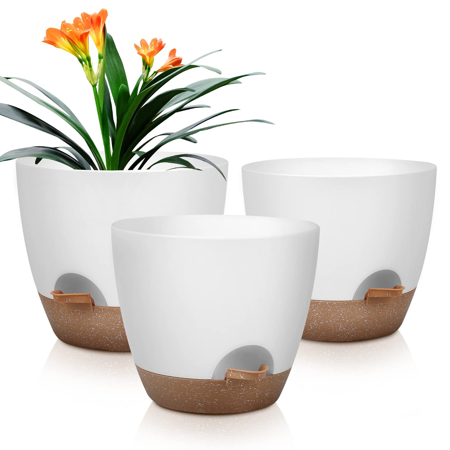 QRRICA Plant Pots 10/9/8 Inch Self Watering Pots, Set of 3 Plastic Planters with Drainage Holes and Saucers,Plastic Flower Pots,Nursery Planting Pot for Indoor Out Door Plantsï¼Whiteï¼