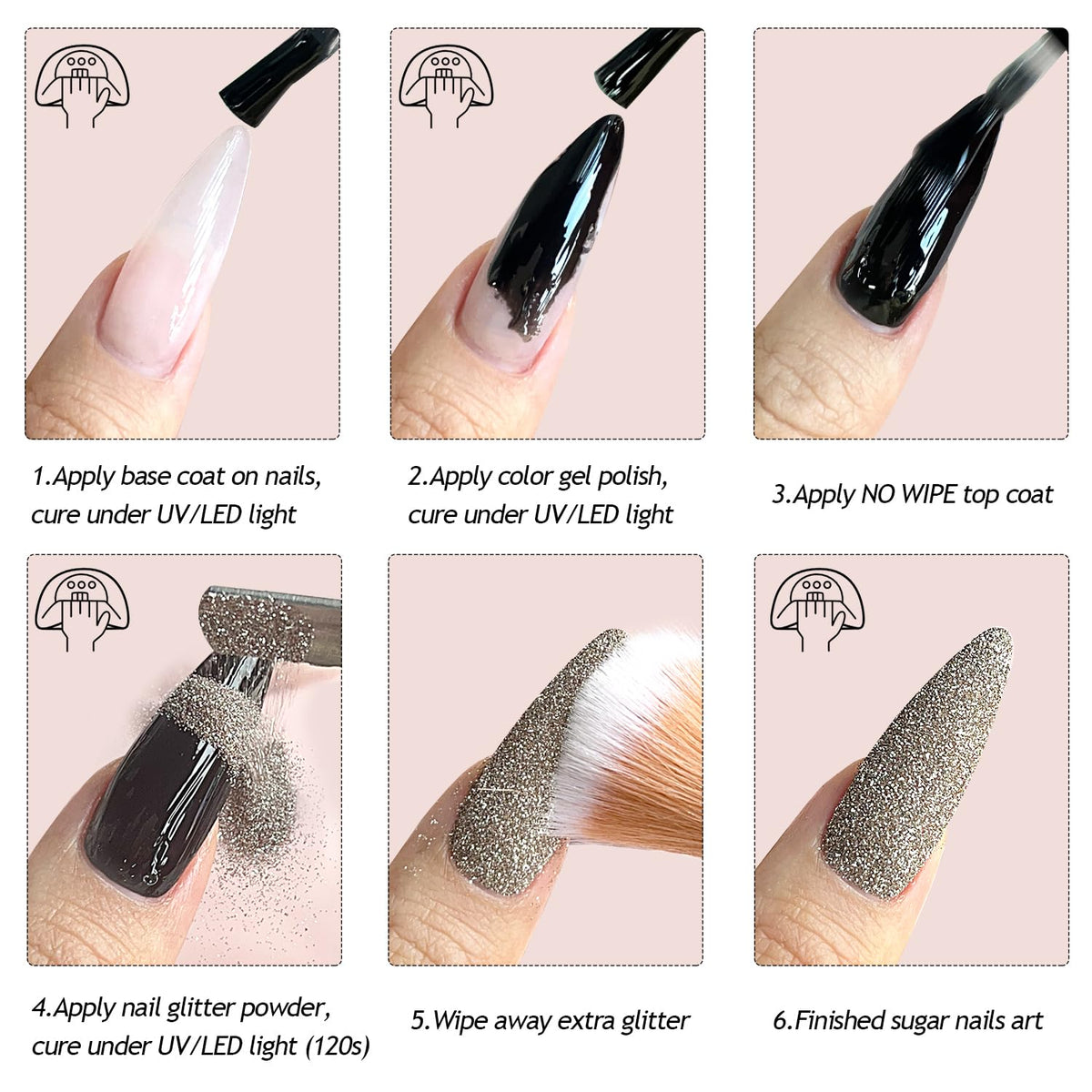 Furtherpretty Reflective Glitter Powder for Nails, 6 Colors Nail Sugar Loose Glitter Powder Set, Flash Sparkle Nail Art Dust in Pink, Silver & Champagne, DIY Manicure Accessories with Brush (#2 Flash)