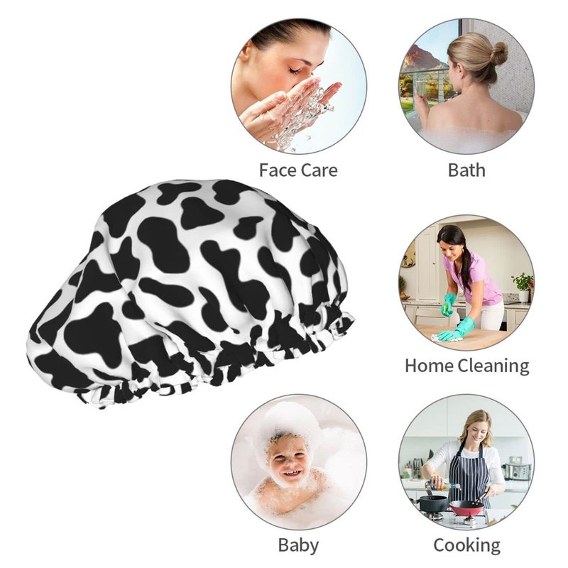 Black And White Cow Skin Abstract Animal Farm Shower Cap For Women Adjustable Double Waterproof Layers Bathing Bath Cap Hair Protection Reusable Ladies Spa Salon Shower Hat