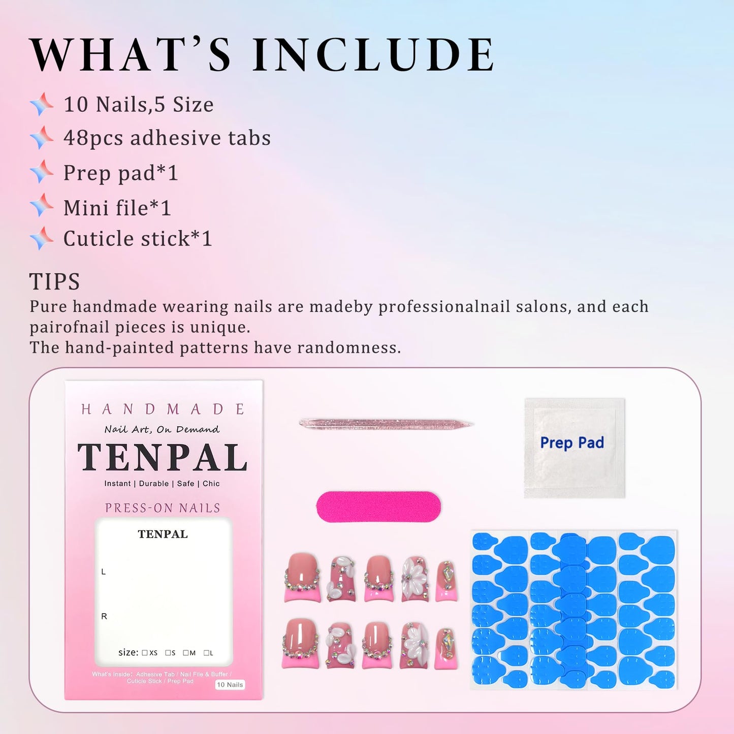 TENPAL Duckbill Shape Handmade Press On Nails Kit,Pink French Floral Nails with 3D Flowers Diamond Designs,Glazed Donut Nude Pink Fake Nails with Tools,Elegant French Tip Duckbill Nails with Gems(S)