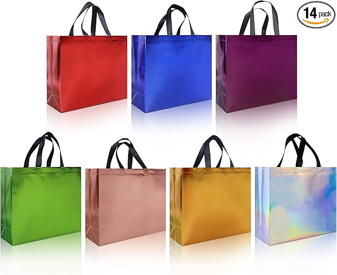 cabzymx 14 Pcs Colorful Gift Bags Sets, 12.6 x 4.7 x 11 In Reusable Party Bags with Sturdy Bases, Mixcolor Goodie Bags Bulk for Birthdays, Weddings, Xmas, Holiday- 7 Colors