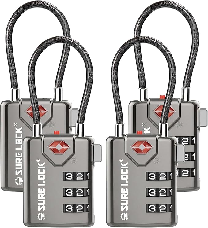 SURE LOCK TSA Approved Combination Luggage Locks with Open Alert Indicator â Durable Zinc Alloy Cable Travel Locks with Large Easy-Read Dials for Suitcases, Backpacks & Gym Bags(Grey 4 Pack)