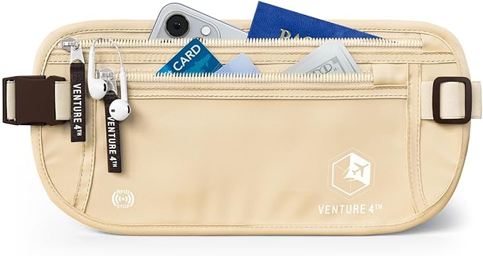 VENTURE 4TH Money Belt for Travel â Hidden Under-Clothes RFID Blocking Passport Holder & Slim Travel Wallet Pouch for Men & Women to Protect Cash, Cards & Documents (Beige)
